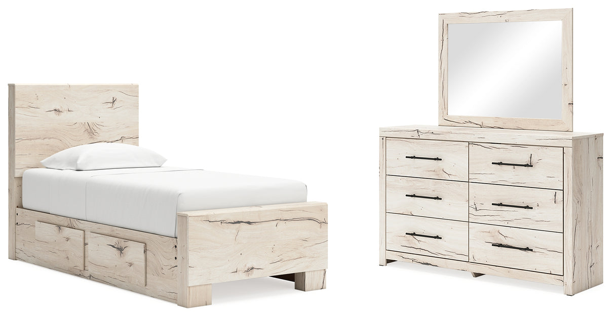 Lawroy Twin Panel Bed with Mirrored Dresser in Light Natural from Ashley - Luna Furniture