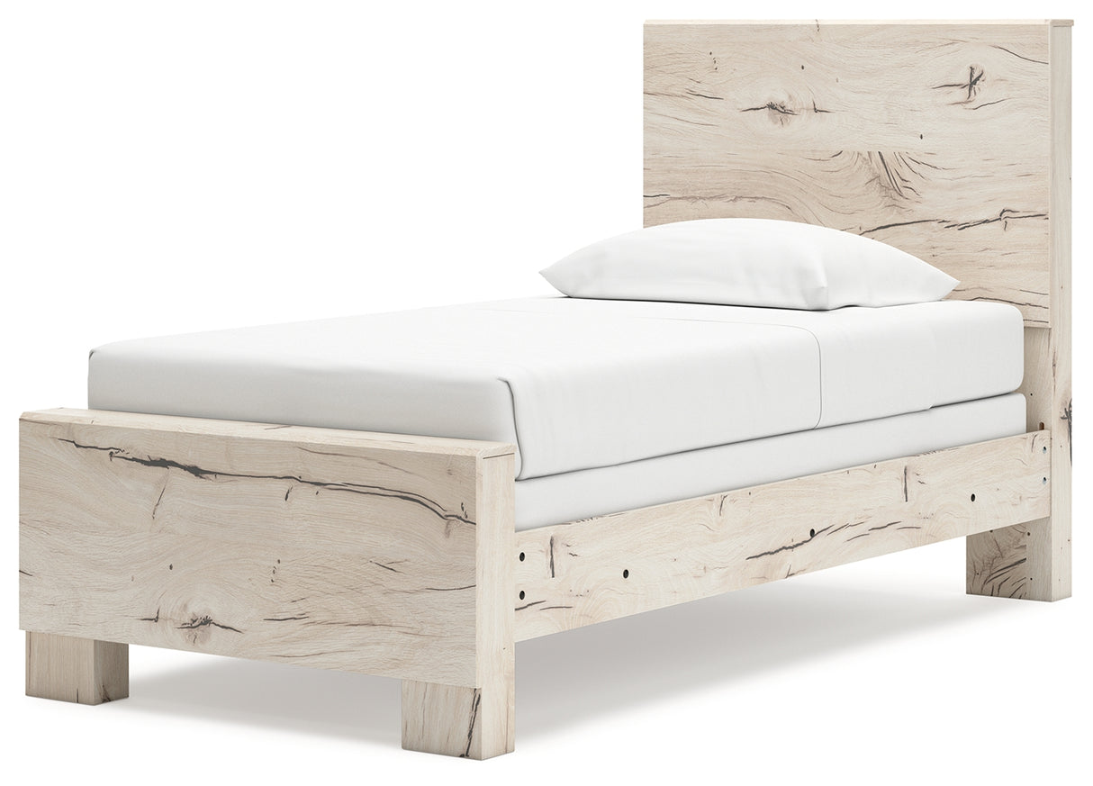 Lawroy Light Natural Twin Panel Bed with Storage with Mirrored Dresser and Chest from Ashley Furniture - Luna Furniture