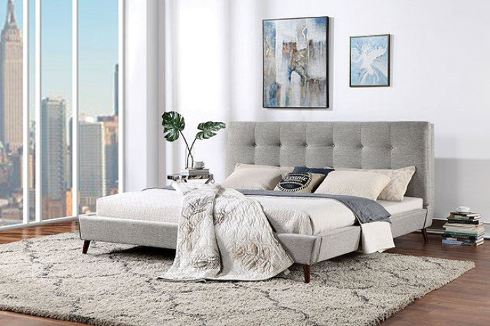 Leomin Gray California King Bed, tufted gray headboard and espresso legs, staged bedroom view