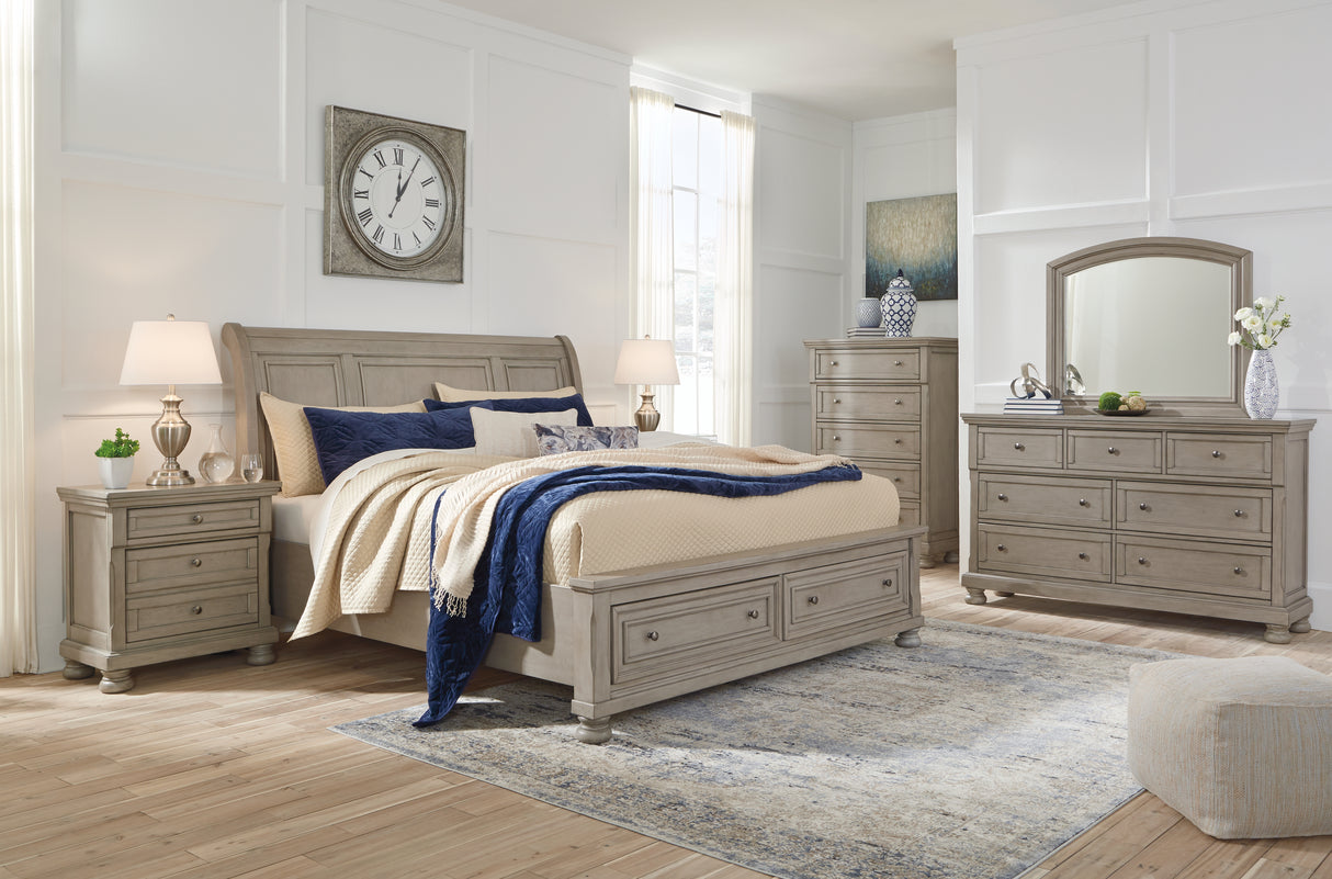 Lettner California King Sleigh Bed with Mirrored Dresser, Chest and Nightstand in Light Gray from Ashley - Luna Furniture