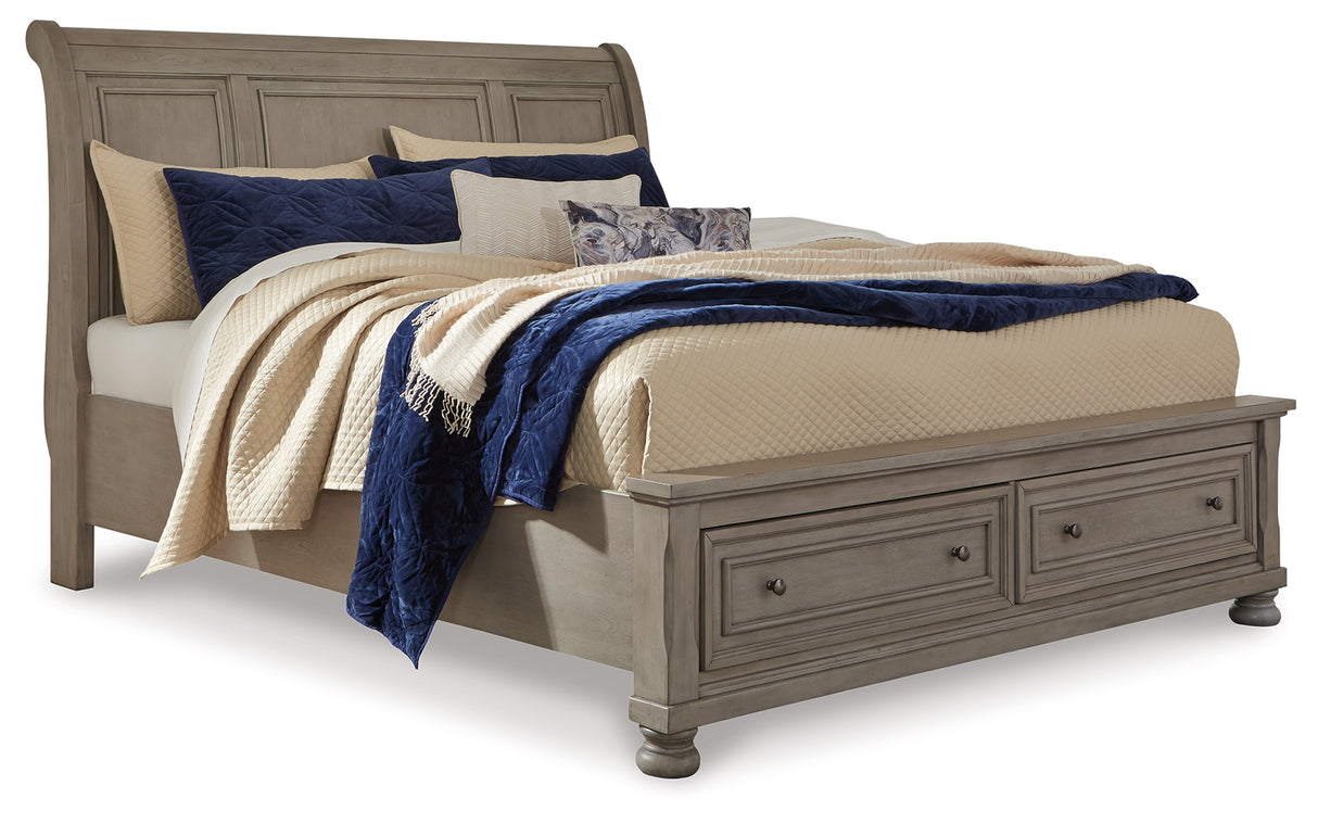 Lettner Queen Sleigh Bed with 2 Storage Drawers with Mirrored Dresser, Chest and 2 Nightstands in Light Gray from Ashley - Luna Furniture