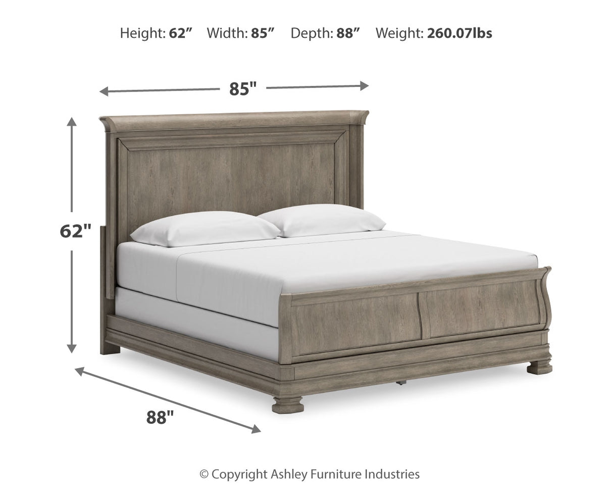 Lexorne King Sleigh Bed with Mirrored Dresser and 2 Nightstands in Gray from Ashley - Luna Furniture