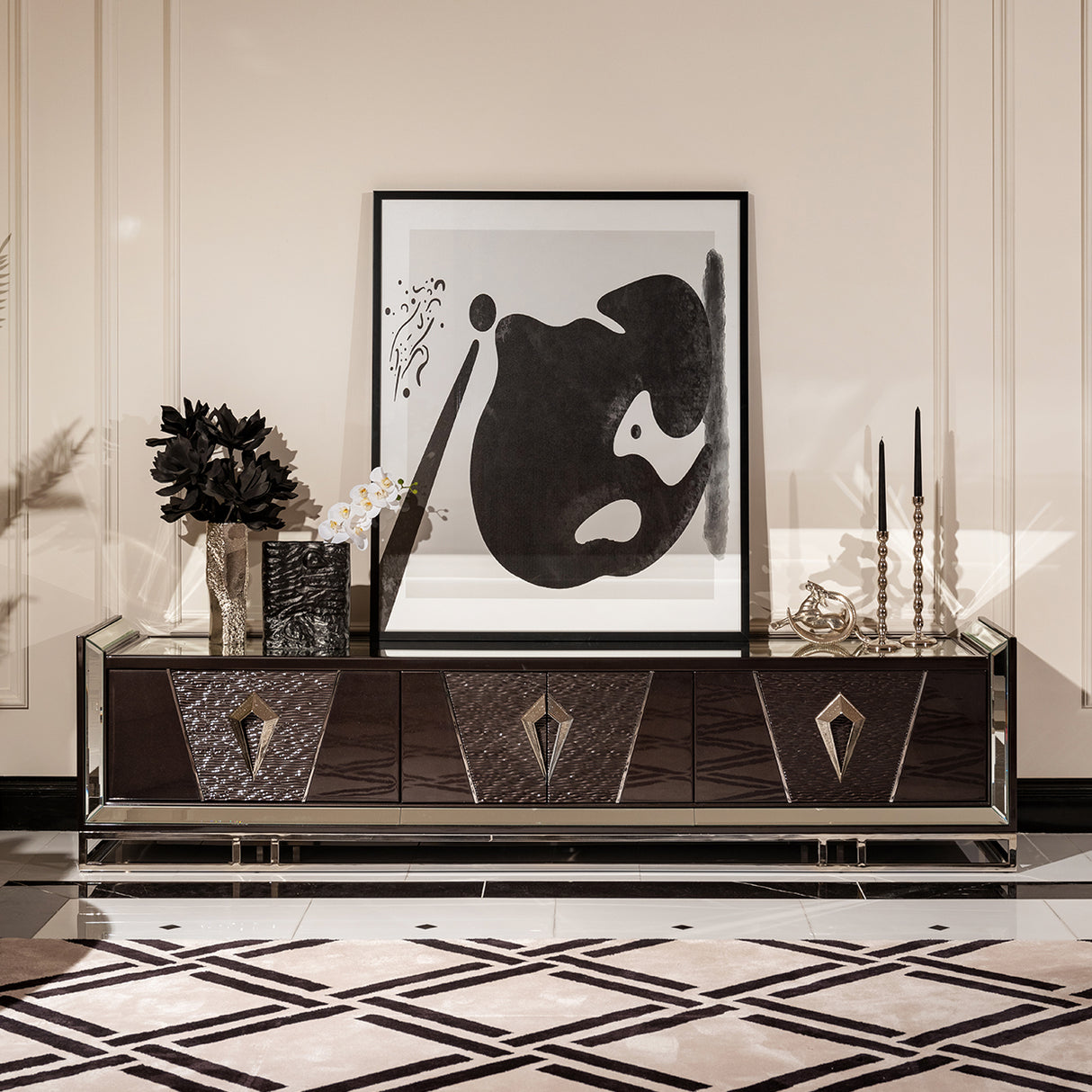 Carmela Glossy Charcoal Sand Media Cabinet from Michael Amini - Luna Furniture