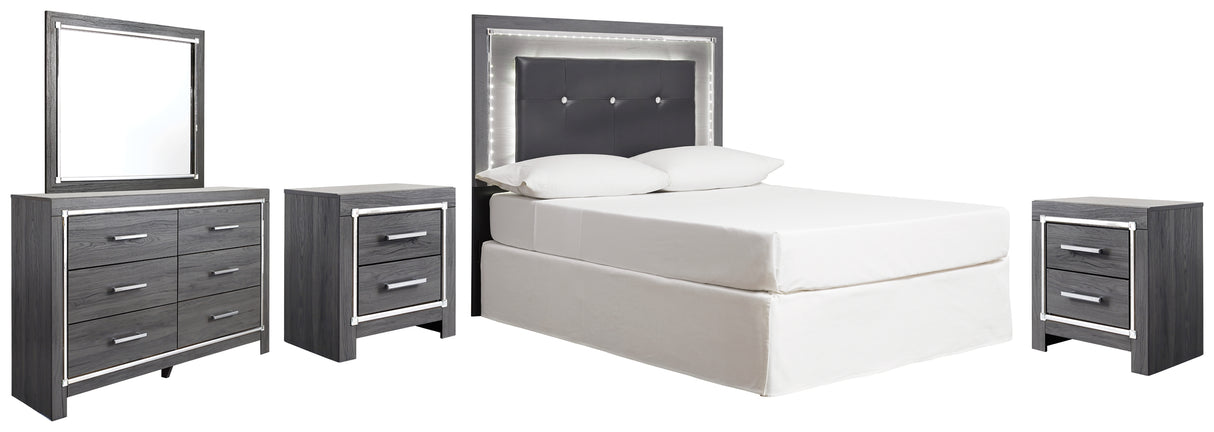 Lodanna Full Upholstered Panel Headboard Bed with Mirrored Dresser and 2 Nightstands in Gray from Ashley - Luna Furniture