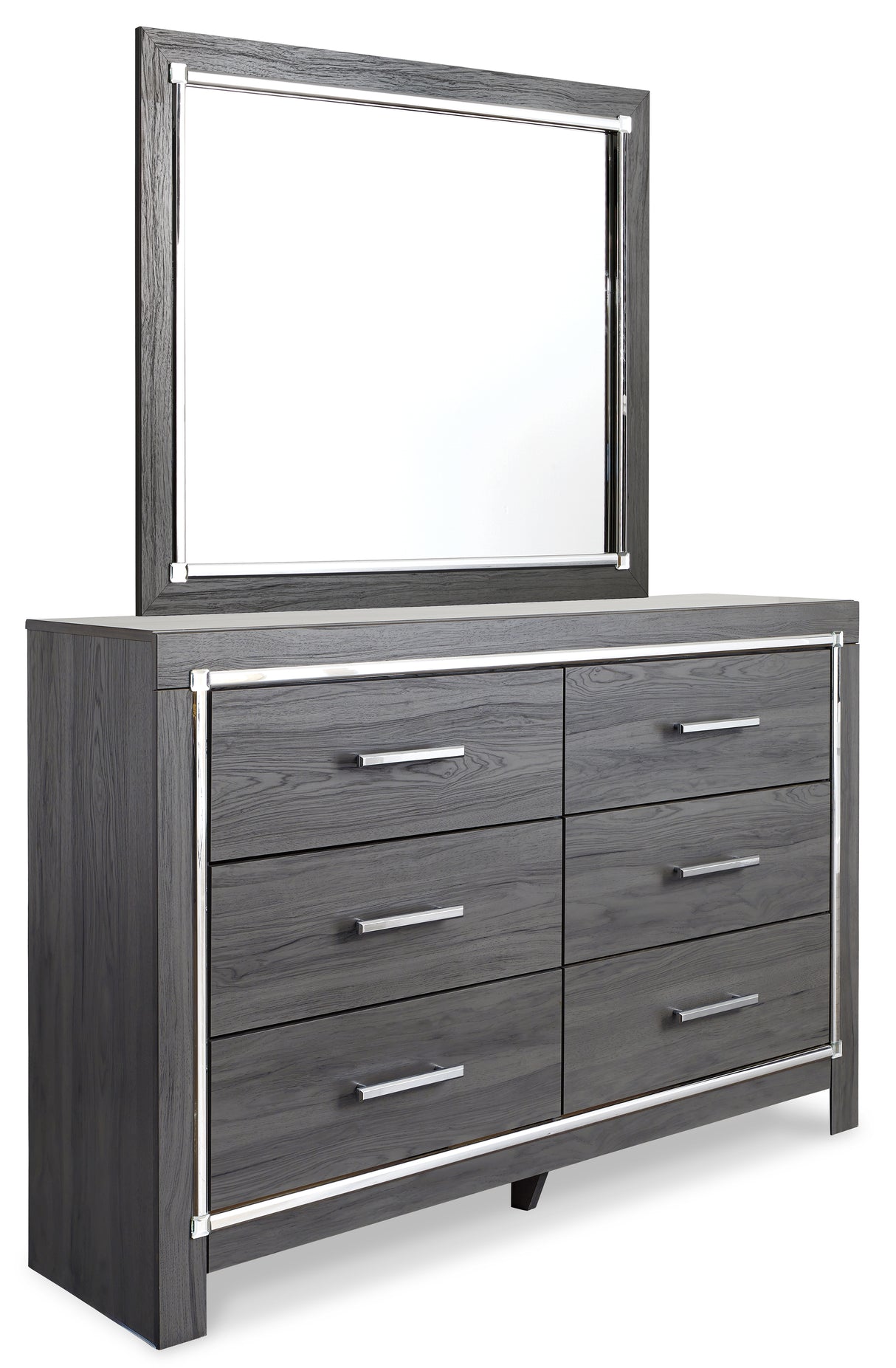Lodanna King/California King Upholstered Panel Headboard Bed with Mirrored Dresser, Chest and 2 Nightstands in Gray from Ashley - Luna Furniture