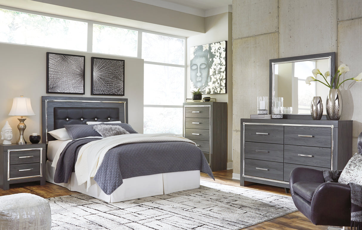 Lodanna Gray Queen/Full Upholstered Panel Headboard Bed with Mirrored Dresser and 2 Nightstands from Ashley - Luna Furniture