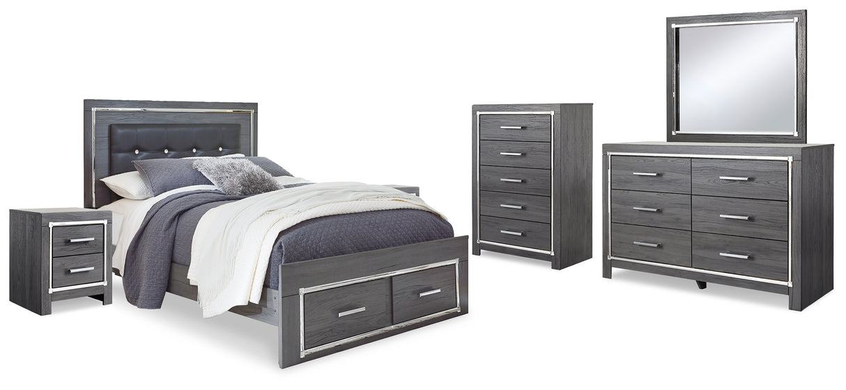 Lodanna Queen Panel Bed with 2 Storage Drawers with Mirrored Dresser, Chest and 2 Nightstands in Gray from Ashley - Luna Furniture