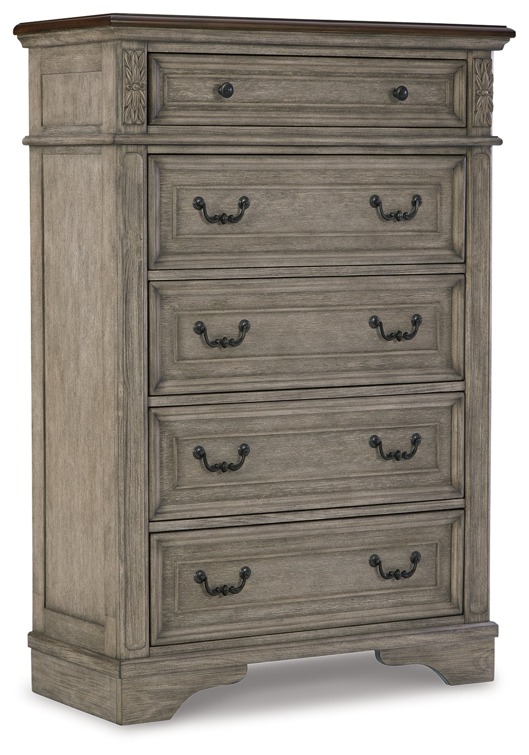 Lodenbay California King Panel Bed with Mirrored Dresser, Chest and Nightstand in Antique Gray from Ashley - Luna Furniture