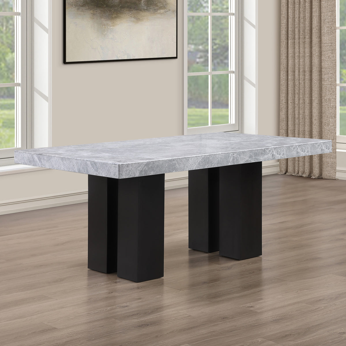 Artemis Gray Rectangle Marble Top 9-Piece Dining Set with White Vegan Leather Chairs