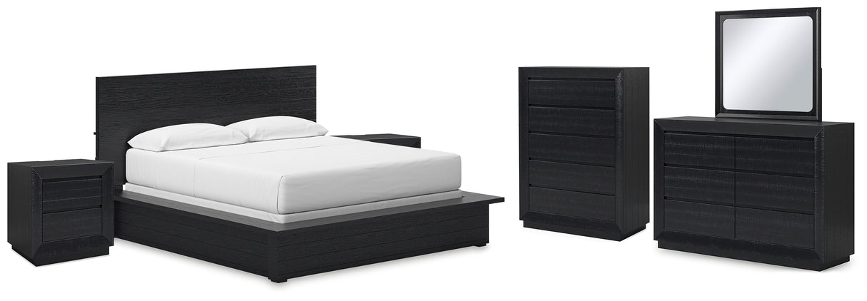 Londer California King Panel Bed with Mirrored Dresser, Chest and 2 Nightstands in Black from Ashley - Luna Furniture