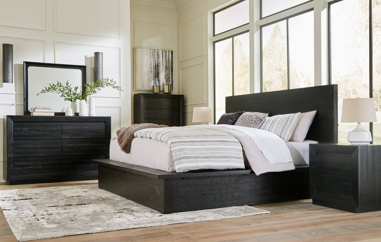 Londer California King Panel Bed with Mirrored Dresser, Chest and 2 Nightstands in Black from Ashley - Luna Furniture