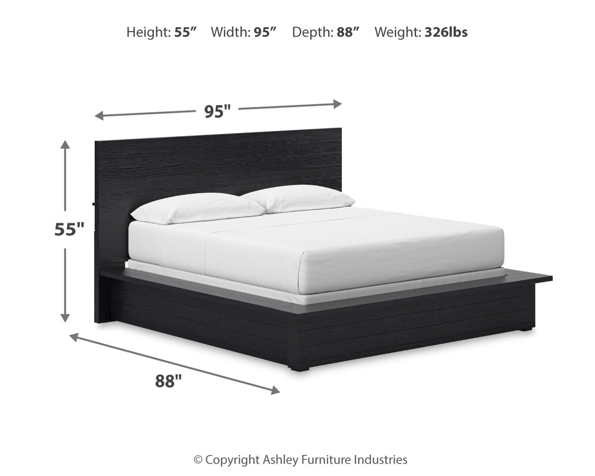 Londer California King Panel Bed with Mirrored Dresser, Chest and 2 Nightstands in Black from Ashley - Luna Furniture