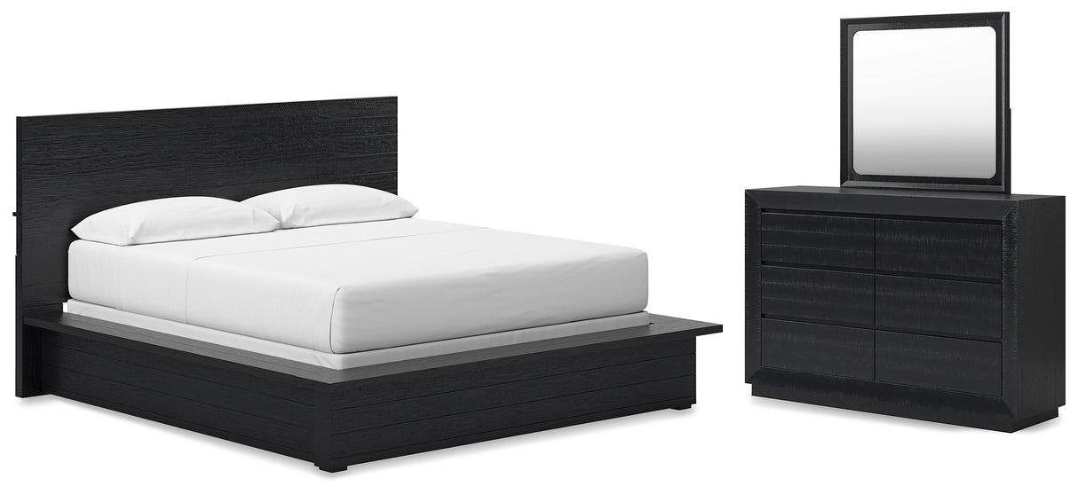 Londer California King Panel Bed with Mirrored Dresser in Black from Ashley - Luna Furniture