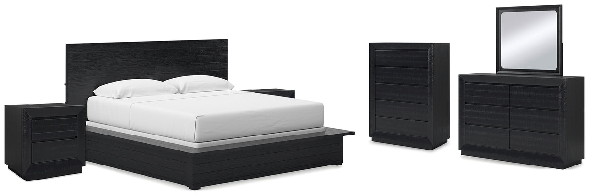 Londer King Panel Bed with Mirrored Dresser, Chest and 2 Nightstands in Black from Ashley - Luna Furniture