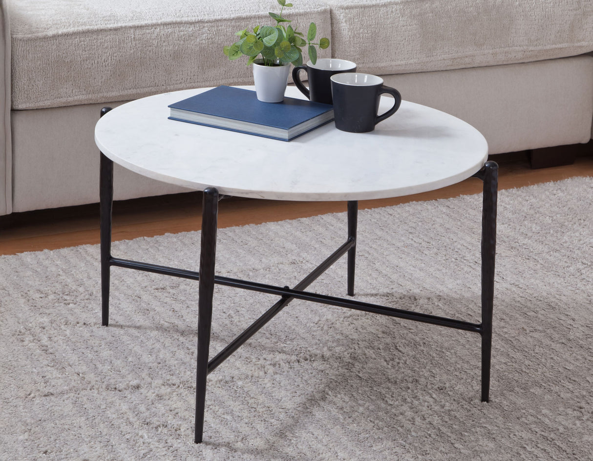 Loxie White 29.5″ Round Solid Marble Top Cocktail Table from Steve Silver - Luna Furniture