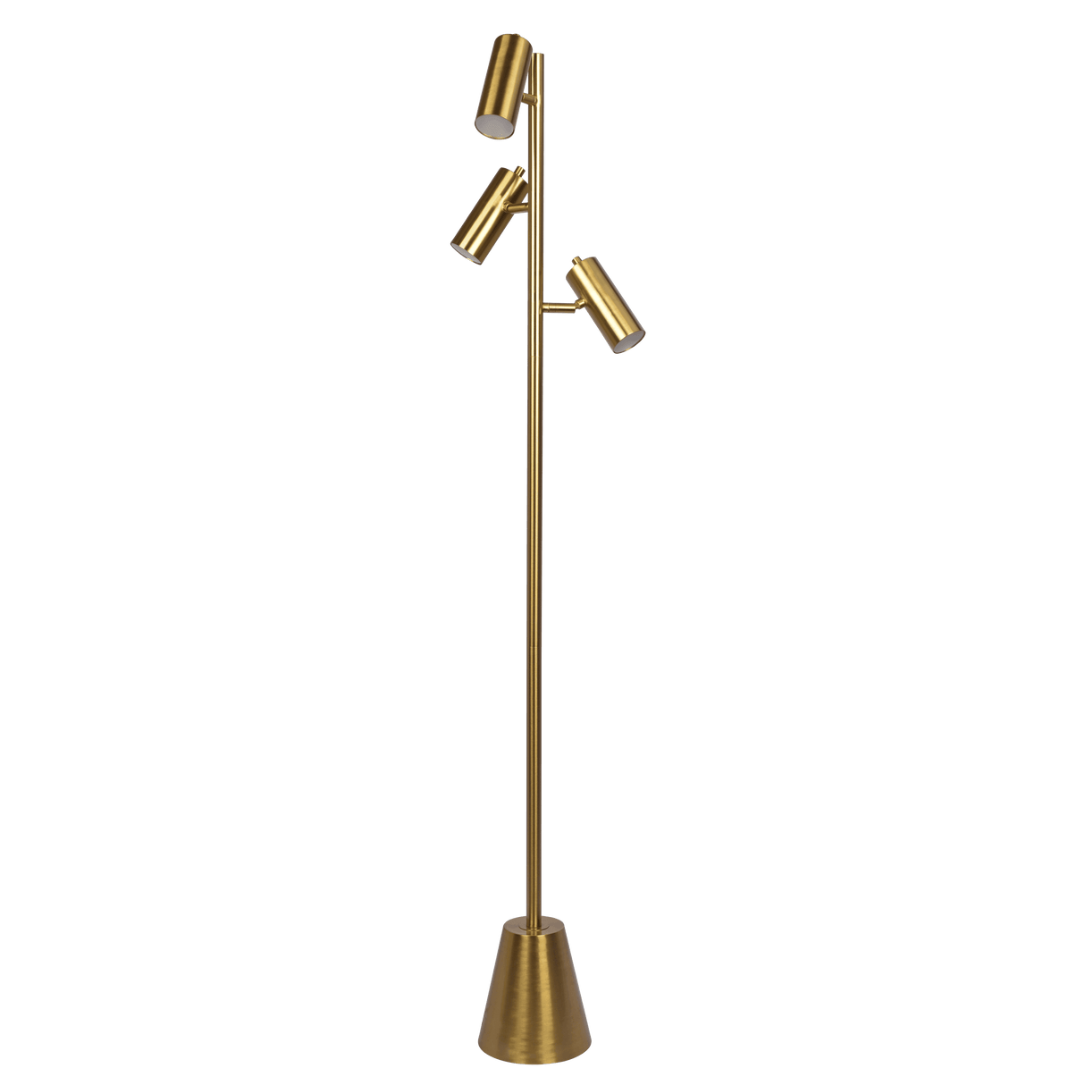 Lumina Brassed Gold Floor Lamp with Rotary Switch Triple Spots Metal Cone Base from Midinmod - Luna Furniture