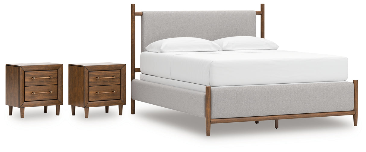 Lyncott California King Upholstered Bed with 2 Nightstands in Brown from Ashley - Luna Furniture