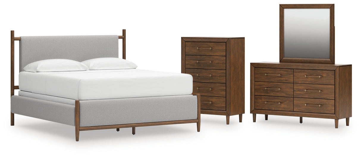 Lyncott California King Upholstered Bed with Mirrored Dresser and Chest in Brown from Ashley - Luna Furniture