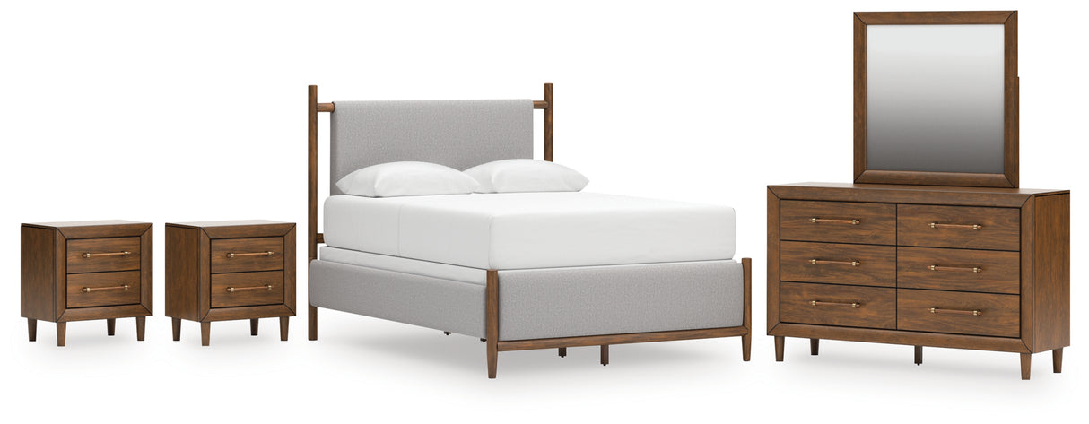Lyncott Queen Upholstered Bed with Mirrored Dresser and 2 Nightstands in Brown from Ashley - Luna Furniture
