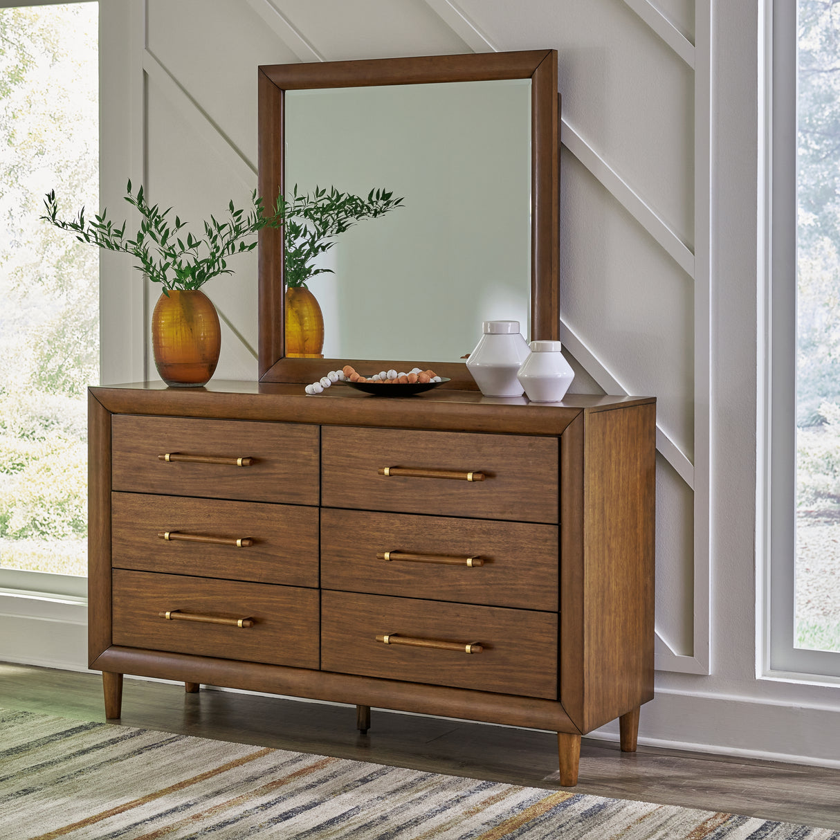 Lyncott Queen Upholstered Bed with Mirrored Dresser and Nightstand in Brown from Ashley - Luna Furniture