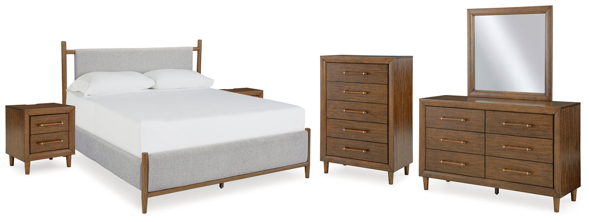 Lyncott Queen Upholstered Bed with Mirrored Dresser, Chest and 2 Nightstands in Brown from Ashley - Luna Furniture