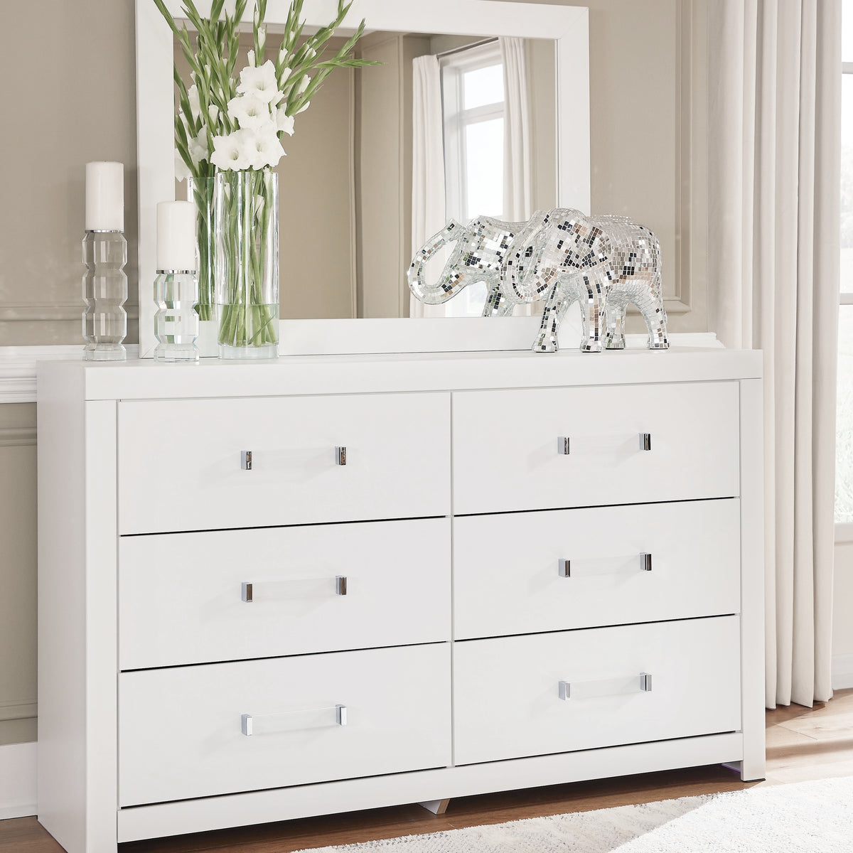 Maeling White Dresser and Mirror