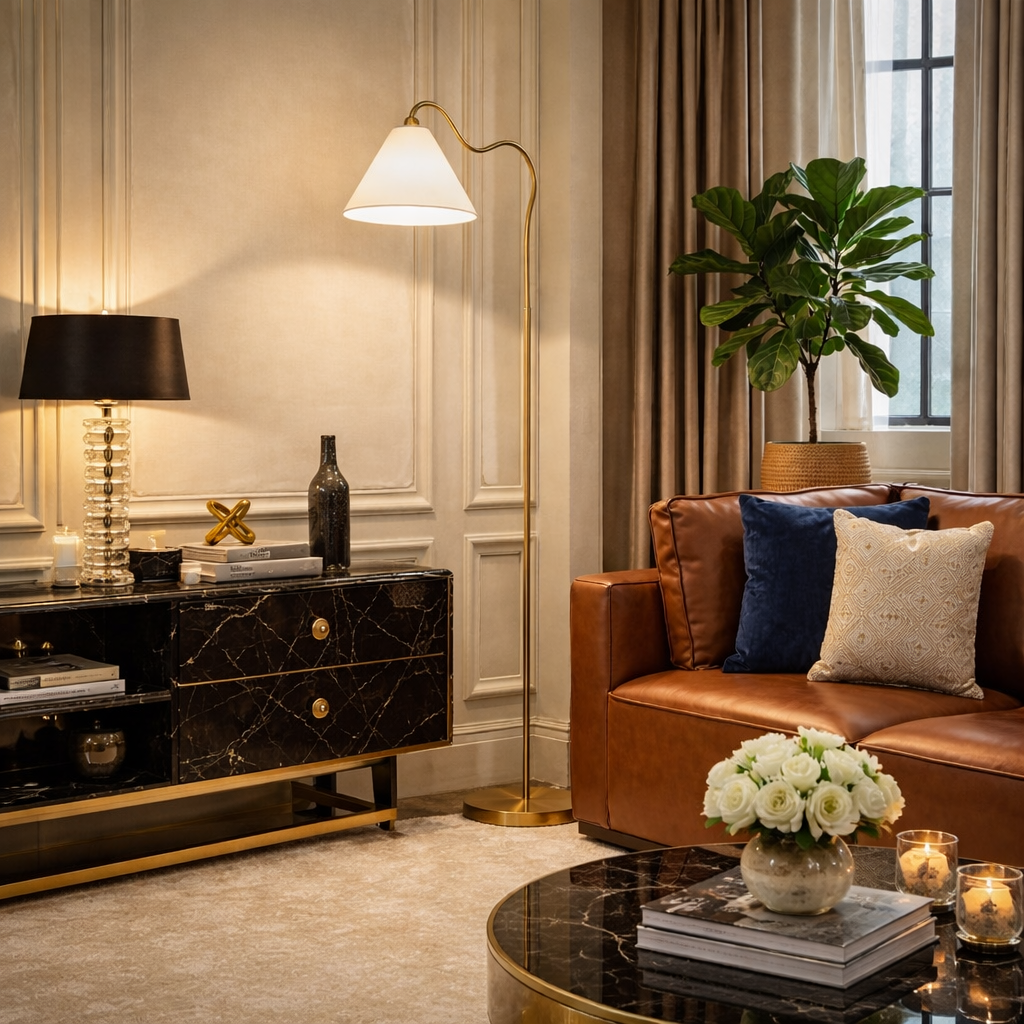 Majestic Brass Ring Base Curved Floor Lamp with Triangle White Drum Shade from Ashcroft Furniture - Luna Furniture