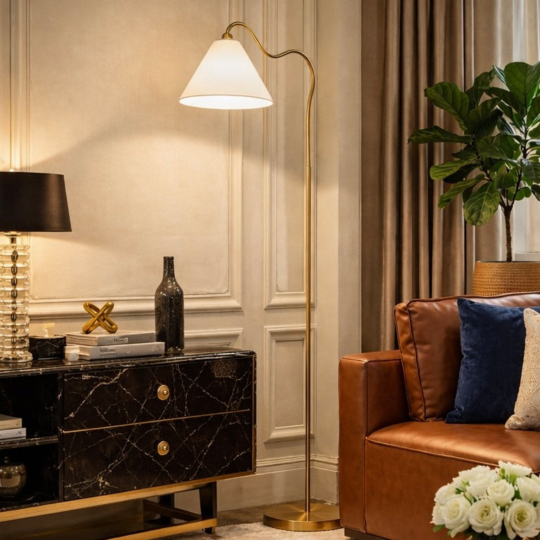 Majestic Brass Ring Base Curved Floor Lamp with Triangle White Drum Shade from Ashcroft Furniture - Luna Furniture