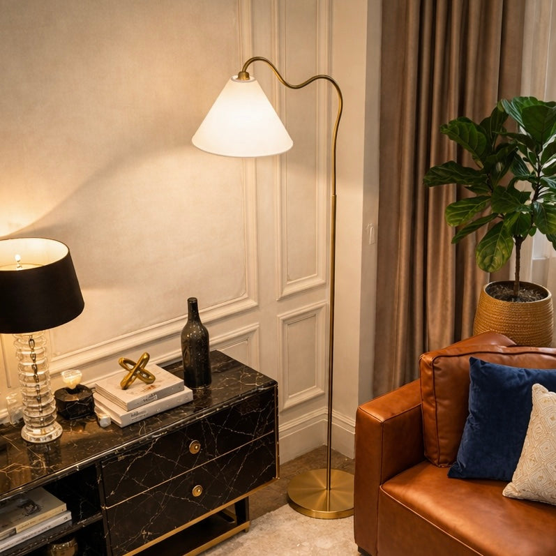 Majestic Brass Ring Base Curved Floor Lamp with Triangle White Drum Shade from Ashcroft Furniture - Luna Furniture