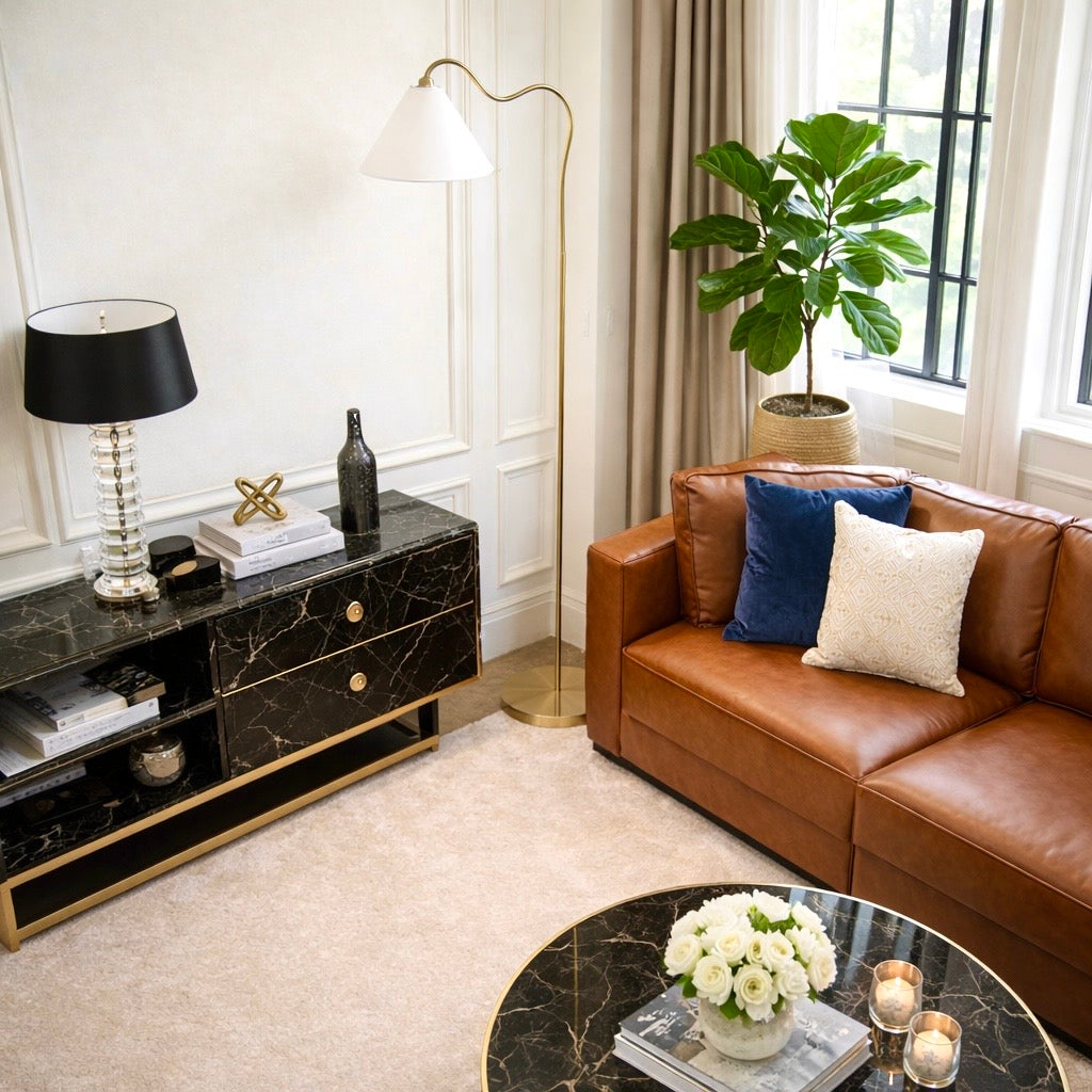 Majestic Brass Ring Base Curved Floor Lamp with Triangle White Drum Shade from Ashcroft Furniture - Luna Furniture