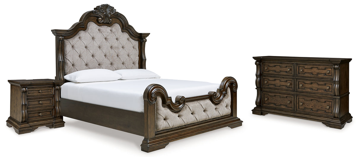 Maylee California King Upholstered Bed with Dresser and Nightstand in Dark Brown from Ashley - Luna Furniture