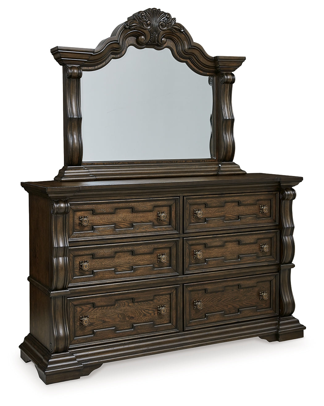 Maylee California King Upholstered Bed with Mirrored Dresser in Dark Brown from Ashley - Luna Furniture