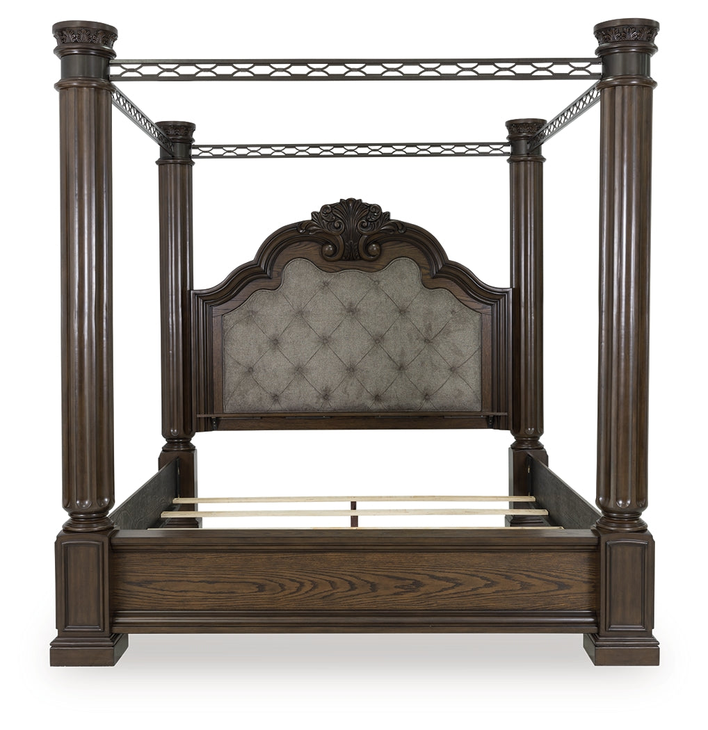 Maylee King Canopy Bed with Mirrored Dresser and Nightstand in Dark Brown from Ashley - Luna Furniture