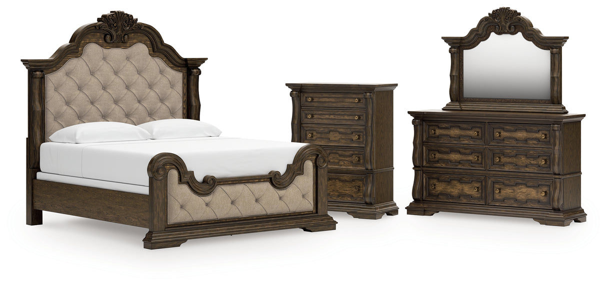 Maylee Dark Brown King Upholstered Bed with Mirrored Dresser and Chest from Ashley Furniture - Luna Furniture