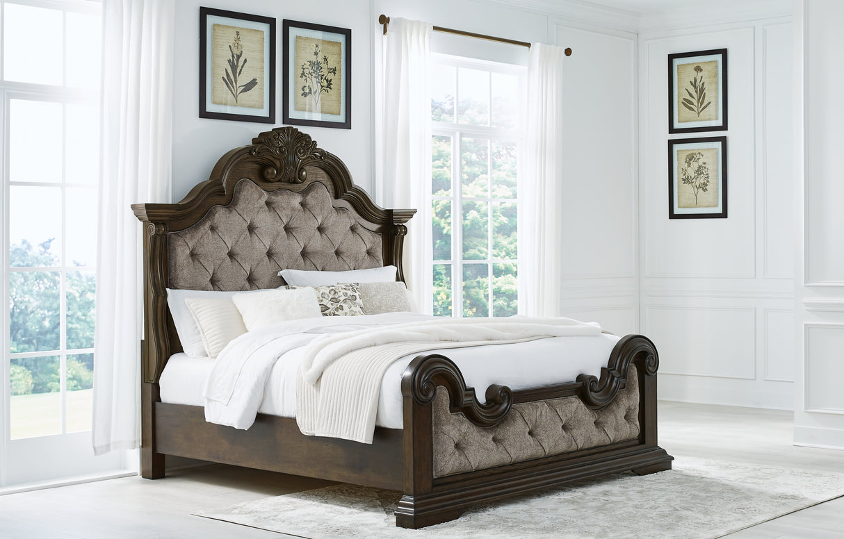 Maylee Queen Upholstered Bed with Mirrored Dresser and Nightstand in Dark Brown from Ashley - Luna Furniture