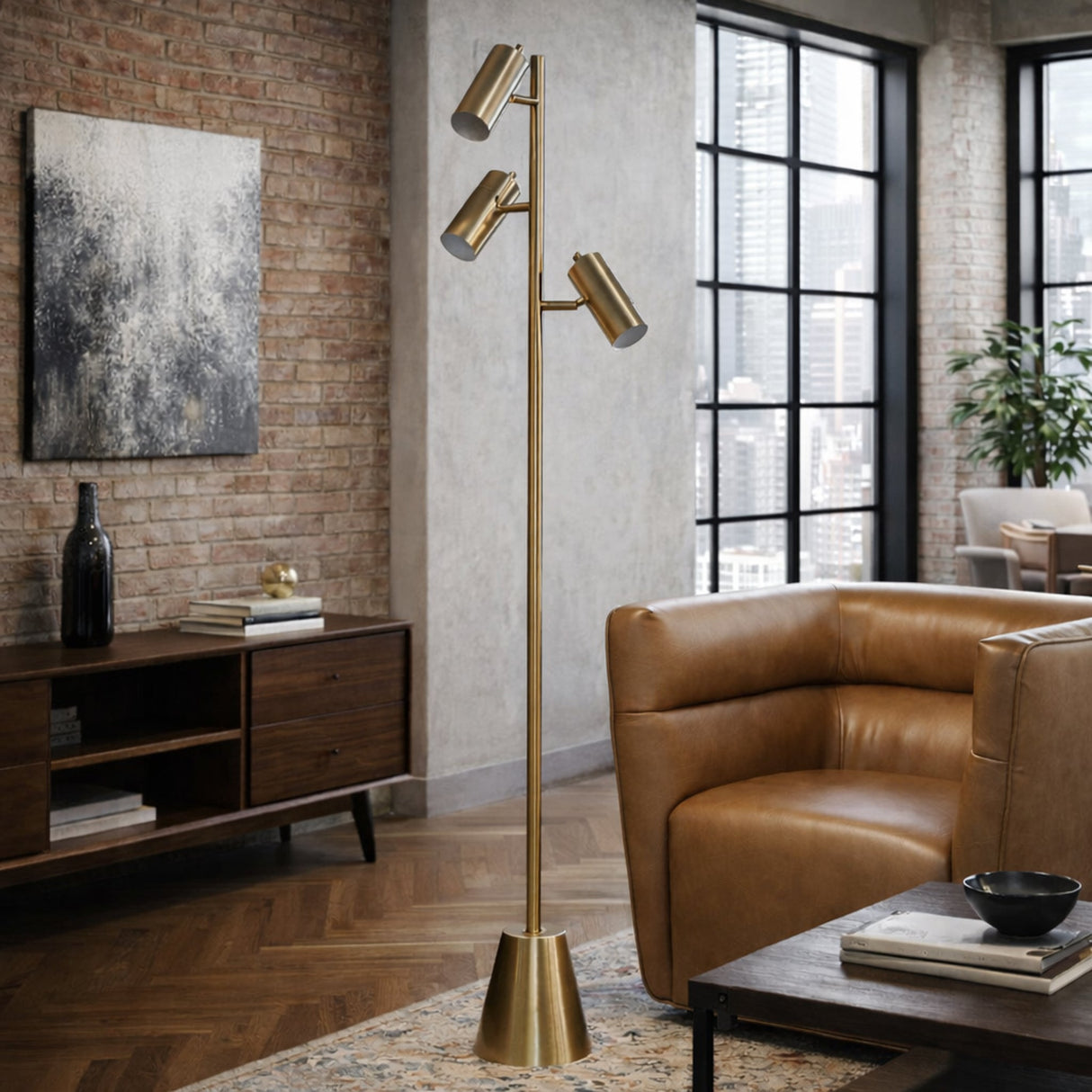 Lumina Brassed Gold Floor Lamp with Rotary Switch Triple Spots Metal Cone Base from Ashcroft Furniture - Luna Furniture