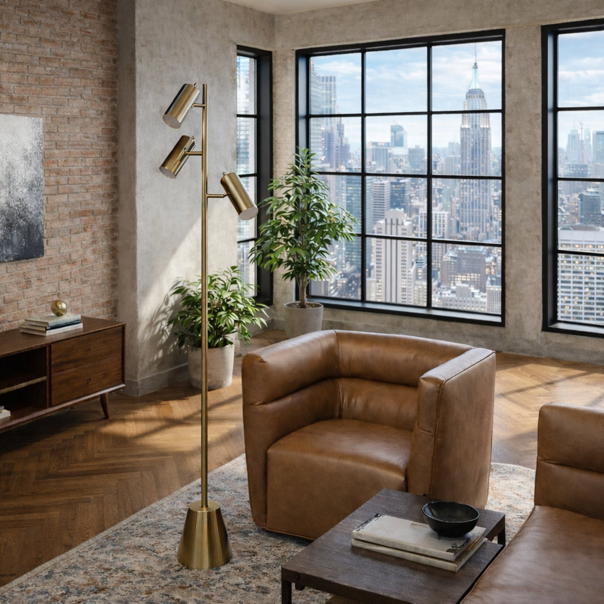 Lumina Brassed Gold Floor Lamp with Rotary Switch Triple Spots Metal Cone Base from Ashcroft Furniture - Luna Furniture