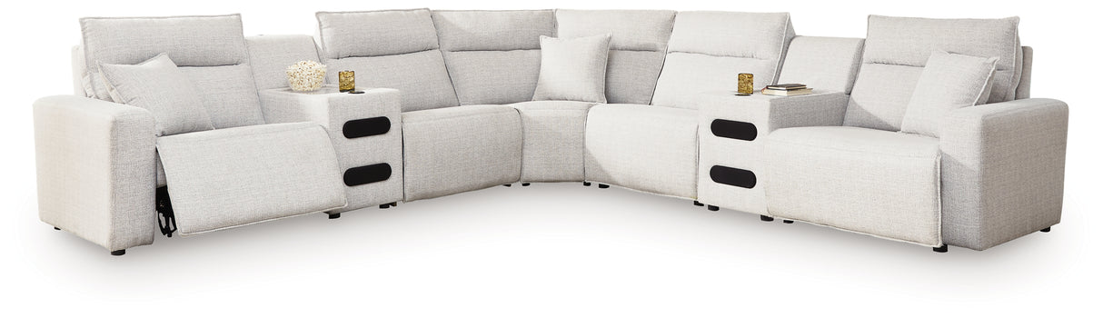 ModMax II Stone 7-Piece Power Reclining Sectional with Chaise and Audio Consoles from Ashley - Luna Furniture
