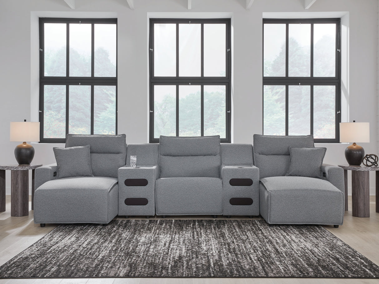 Modmax II Salt and Pepper 5-Piece Double Chaise Power Reclining Modular Sectional with 2 Audio Consoles from Ashley - Luna Furniture