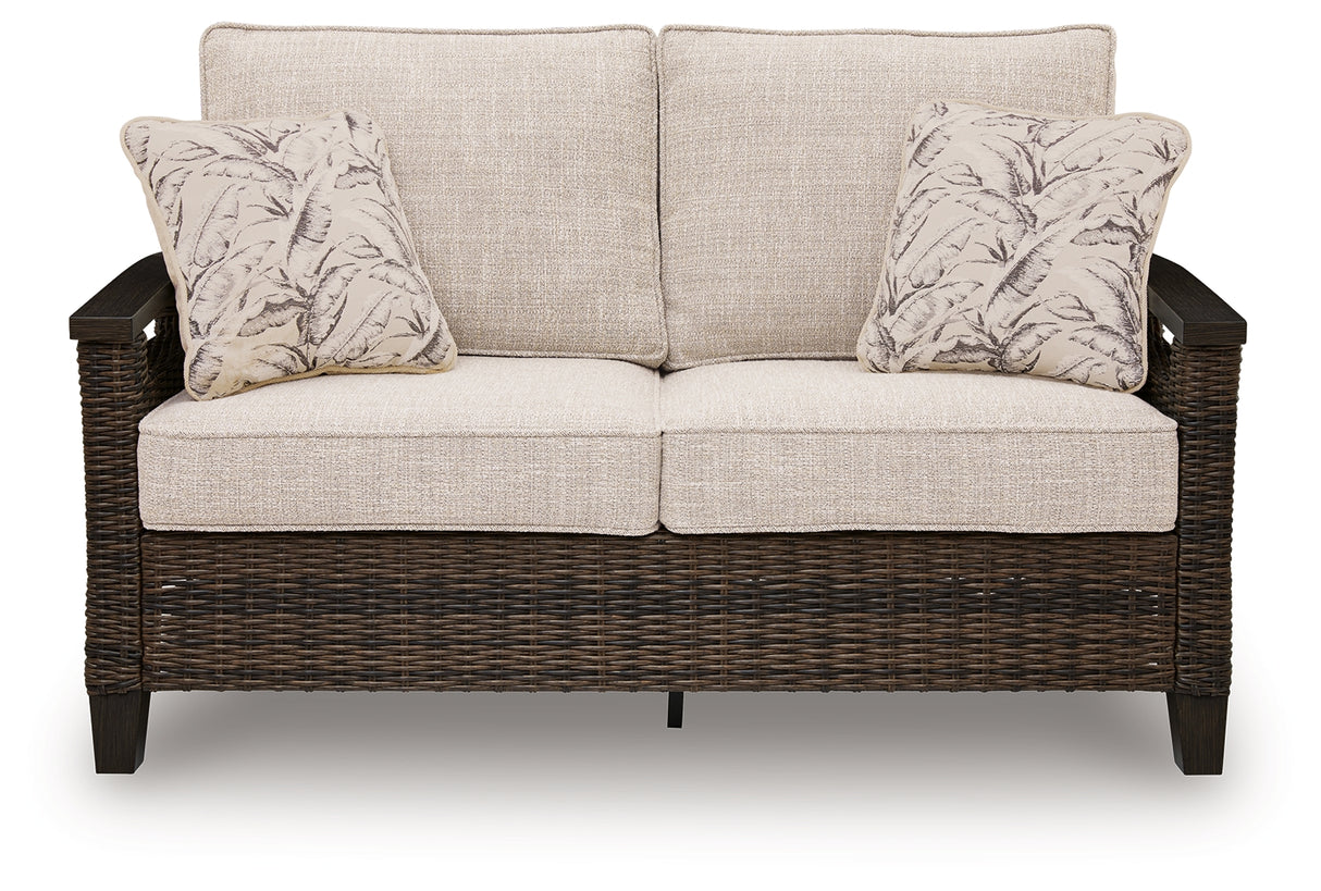 Monterey Point Dark Brown Outdoor Loveseat with Cushion from Ashley Furniture - Luna Furniture