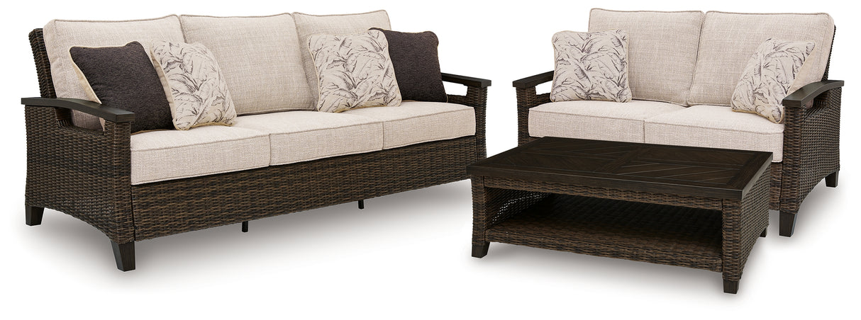 Monterey Point Outdoor Sofa and Loveseat with Coffee Table in Dark Brown from Ashley Furniture - Luna Furniture
