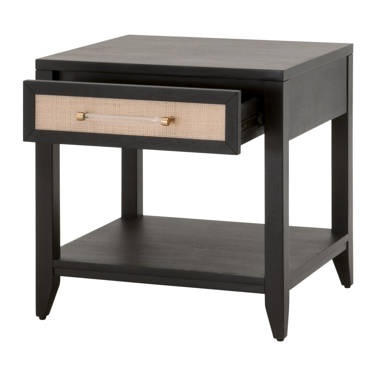 Holland 1-Drawer Side Table in Brushed Black Acacia, Natural Rattan from Essentials For Living - Luna Furniture