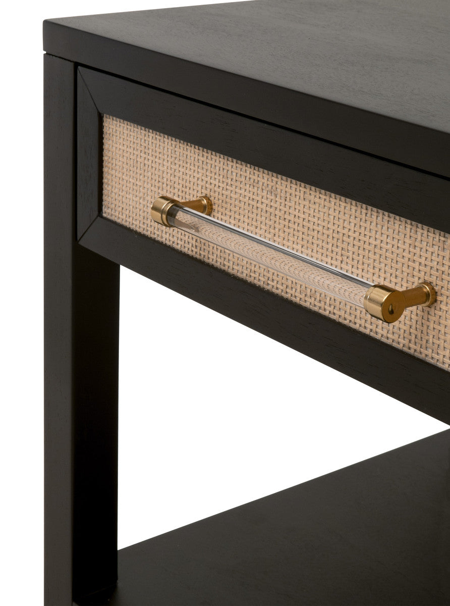 Holland 1-Drawer Side Table in Brushed Black Acacia, Natural Rattan from Essentials For Living - Luna Furniture