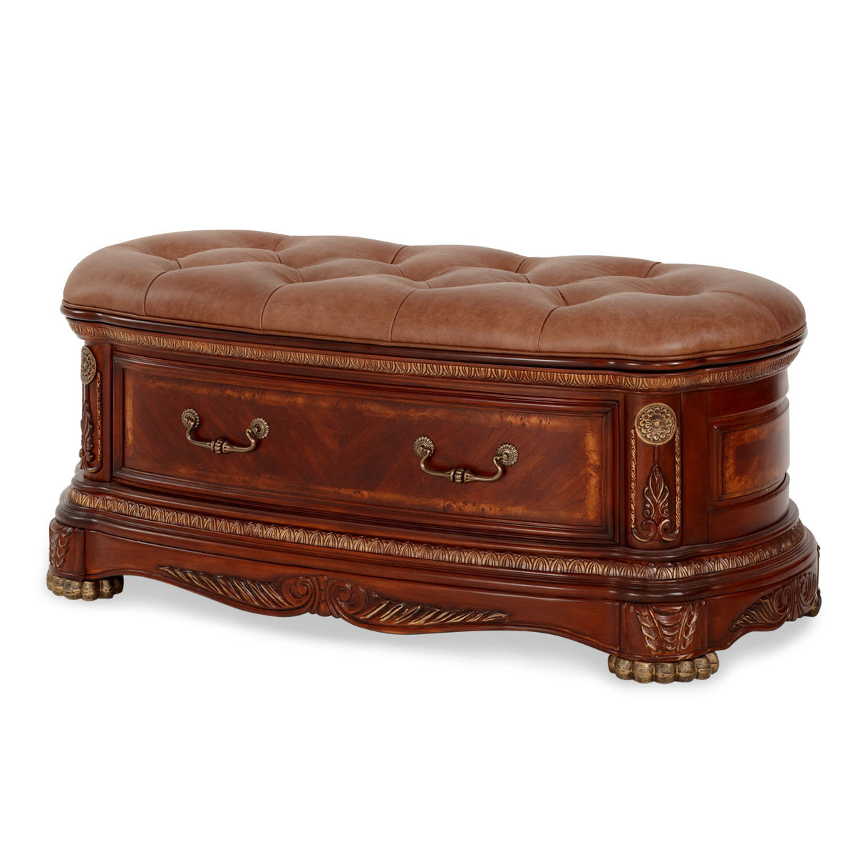 Cortina Honey Walnut Leather Bench With Storage from Michael Amini - Luna Furniture