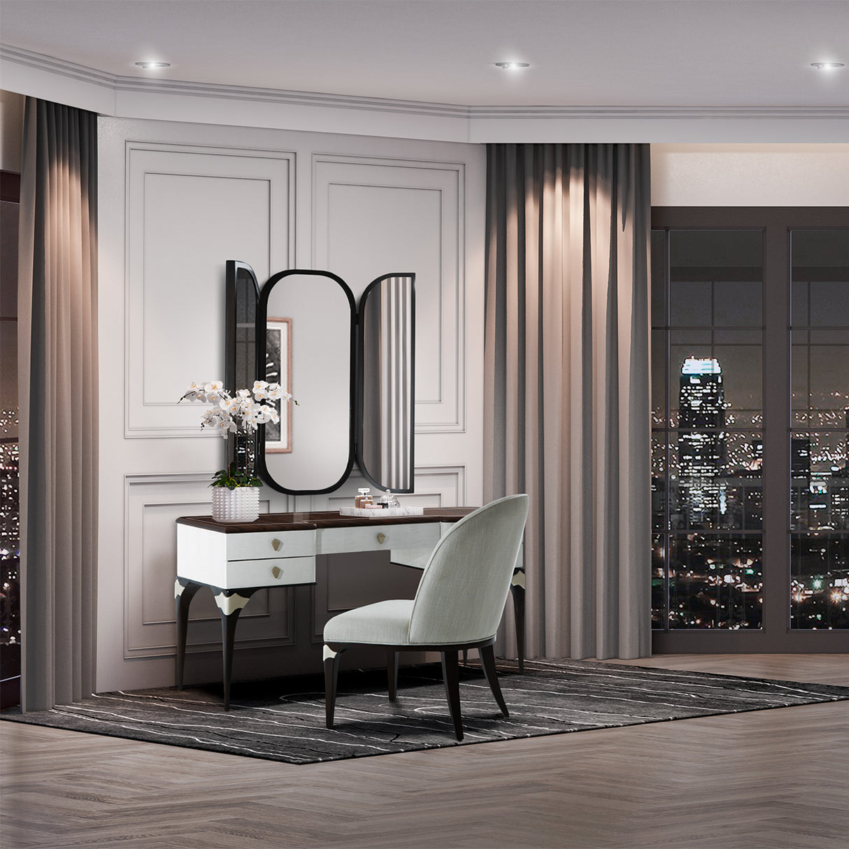 Paris Chic Espresso Vanity Desk With Mirror & Chair from Michael Amini - Luna Furniture