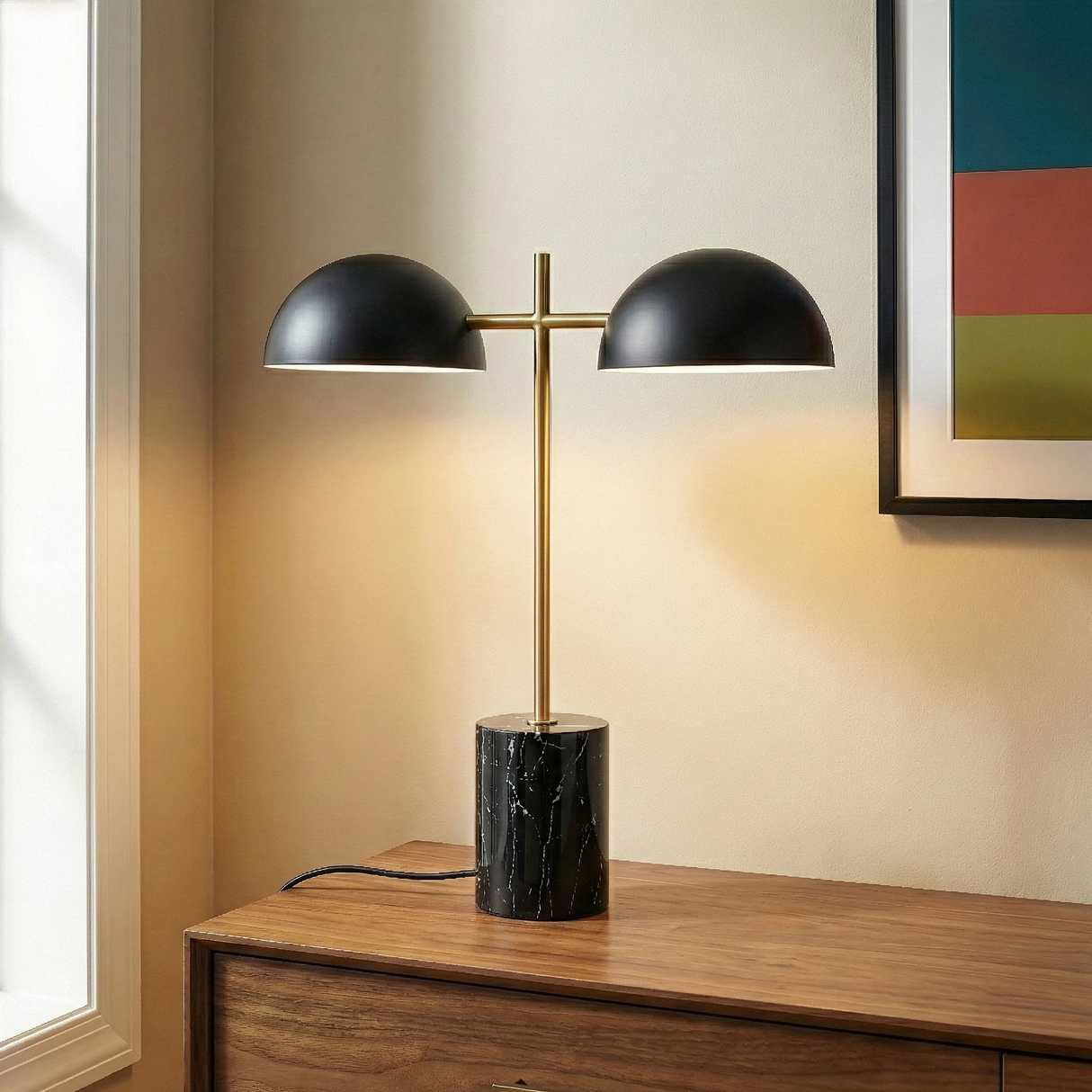 Nova Hydro Black Table Lamp with On/Off Switch Double Lamp with Faux Marble Base from Ashcroft Furniture - Luna Furniture