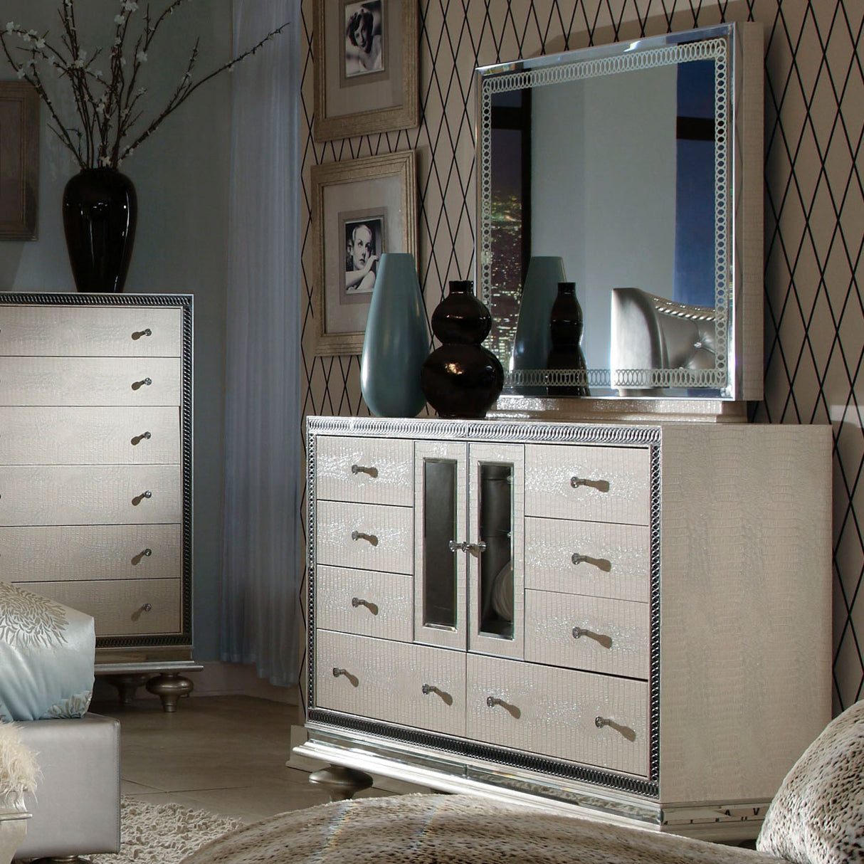 Hollywood Swank Crystal Croc Dresser With Mirror from Michael Amini - Luna Furniture