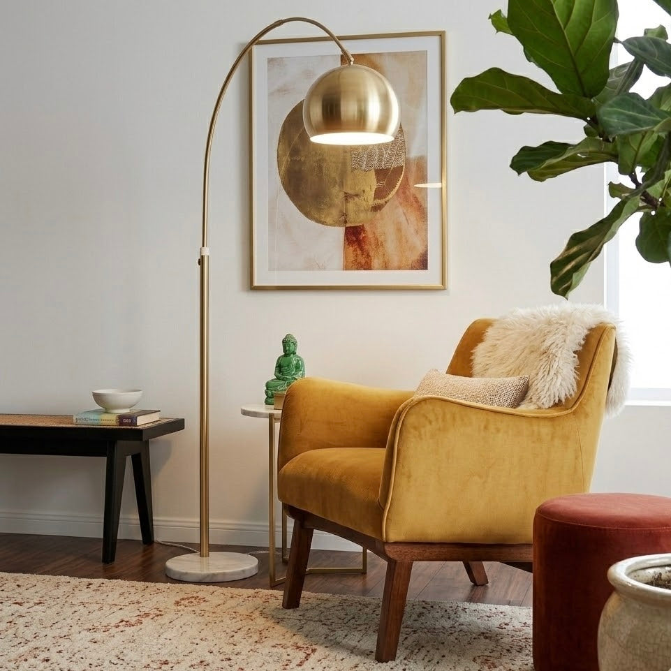 Oasis Long Arm Gold Brass Adjustable Floor Lamp with Round White Marble Base from Ashcroft Furniture - Luna Furniture