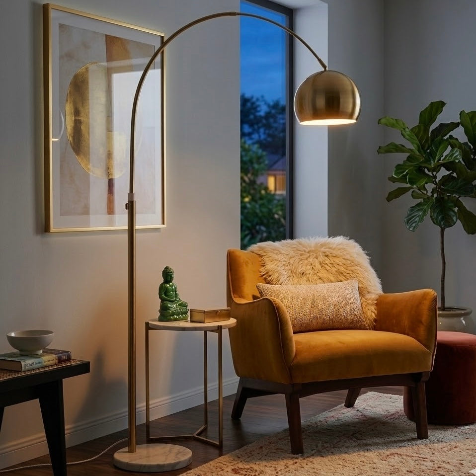 Oasis Long Arm Gold Brass Adjustable Floor Lamp with Round White Marble Base from Ashcroft Furniture - Luna Furniture