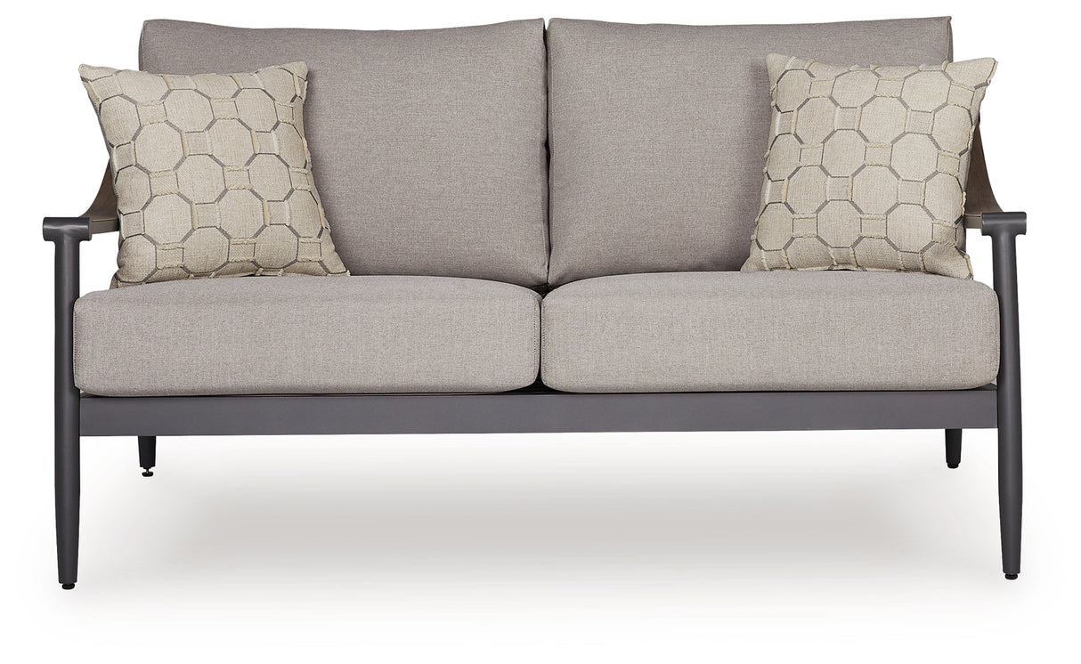 Ocean Beach Outdoor Sofa and Loveseat with Coffee Table in Gray from Ashley Furniture - Luna Furniture